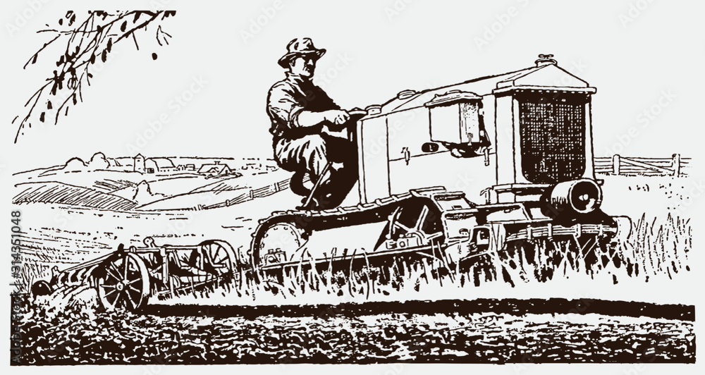 Historical farmer plowing his field with a crawler-type tractor. Illustration after an engraving from the early 20th century