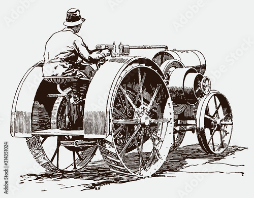 Historical farmer sitting on his tractor in back view. Illustration after an engraving from the early 20th century