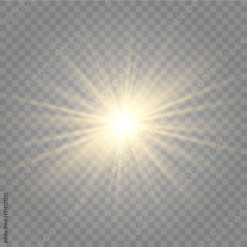 Abstract golden front sun lens flare translucent special light effect design. Vector blur in motion glow glare. Isolated transparent background. Decor element. Horizontal star burst rays and spotlight