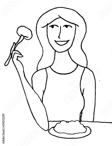 Illustration of a smiling woman eating something with a fork
