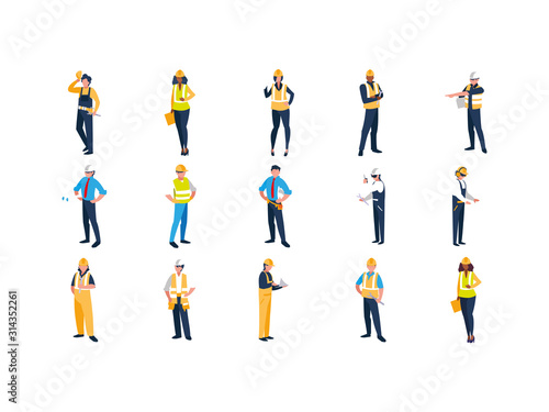 Isolated builder men with yellow and white helmet set vector design