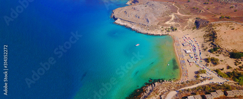 Aerial drone ultra wide photo of famous beach of Haraki in Rodos island, Dodecanese, Greece