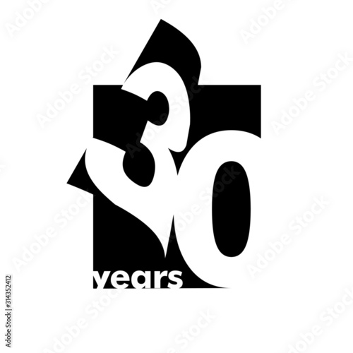 Isolated abstract logo 30 years. In the form of an open book, magazine. Happy greeting card for the 30th birthday. Black color writing on white background.