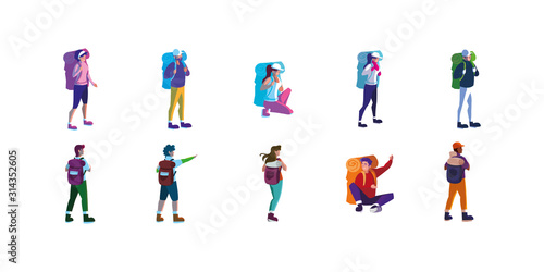 Isolated hikers with bags set vector design photo