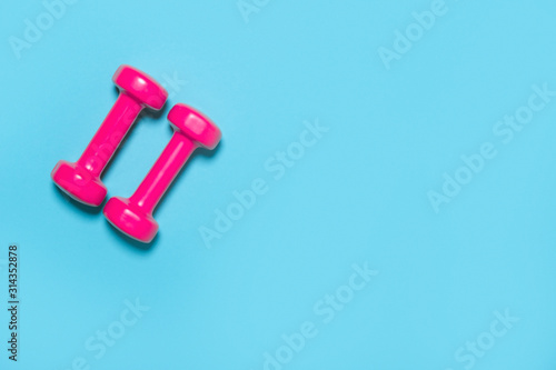 Pink dumbbells isolated on blue background