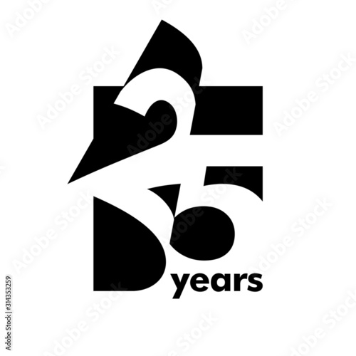 solated abstract logo 25 years. In the form of an open book, magazine. Happy greeting card for the 25th birthday. Black color writing on white background.
