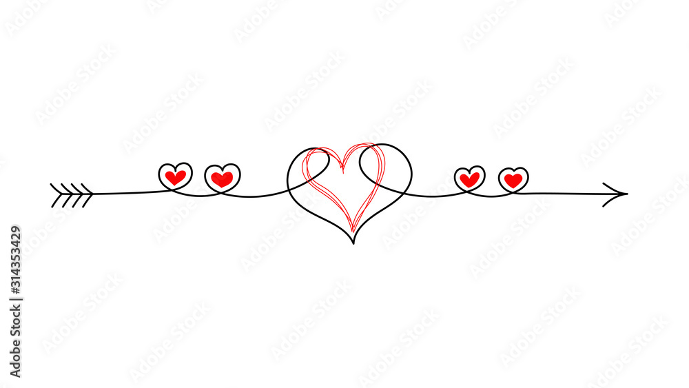 Continuous line art hearts and amour arrow. Tangled thread vintage sketch with red hearts. Happy Valentine's Day greeting card concept design. Grunge heart and Cupid arrow on white background