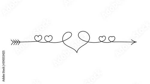 Continuous line art hearts and amour arrow. Tangled thread vintage sketch. Happy Valentine's Day greeting card concept design. Grunge heart and Cupid arrow on white background