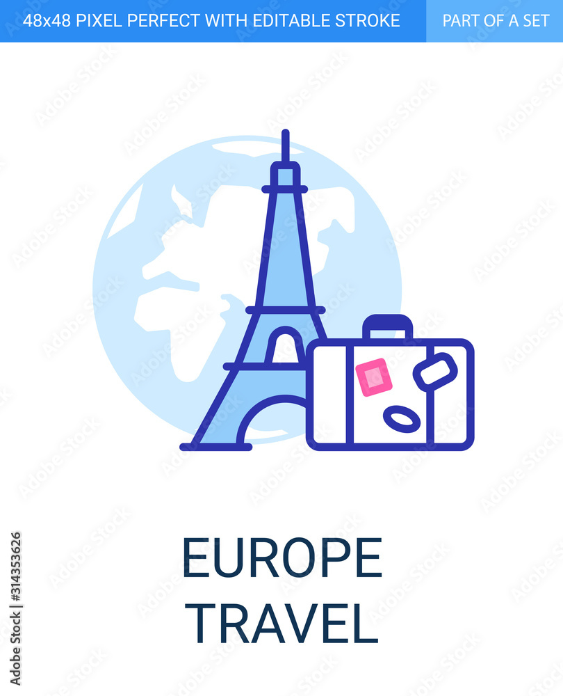 Europe Travel Icon in Flat Outline Style on White Background. Europe Travel Icon in Flat Outline Style on White Background.