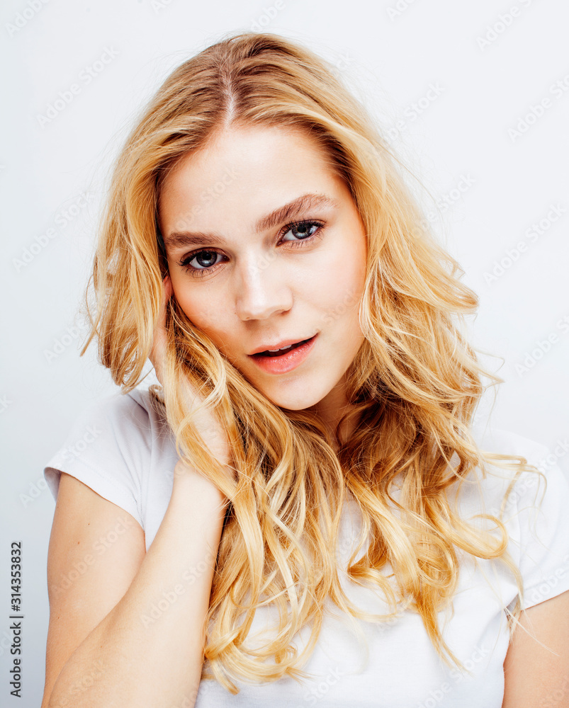 young pretty stylish hipster blond girl posing emotional isolated on white background happy smiling cool smile, lifestyle people concept young pretty stylish hipster blond girl posing emotional isolated on white background happy smiling cool smile, lifestyle people concept