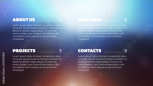 Chapter list slide page of vector presentation. Modern minimal design on blur color background. Blue and orange gamma. Technic style with infographic strokes.