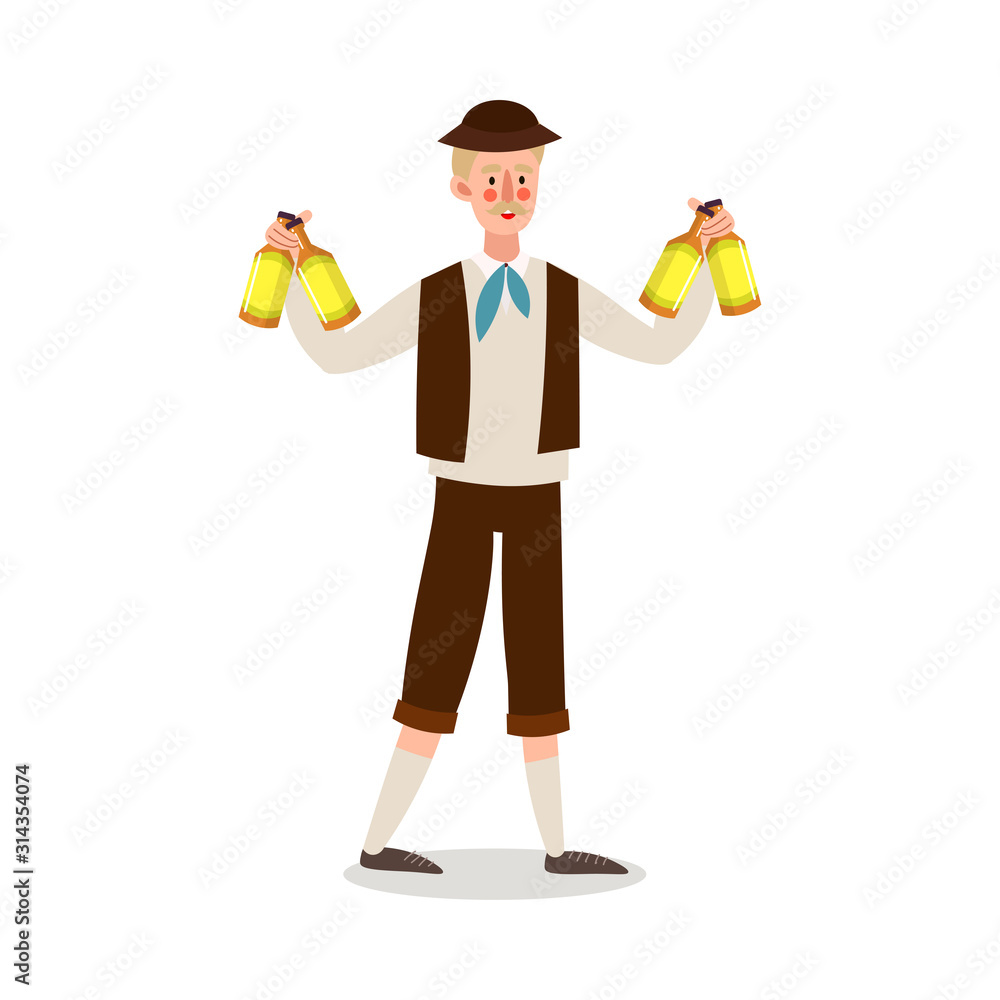 Man waiter serving fresh beer drink in bottles vector illustration