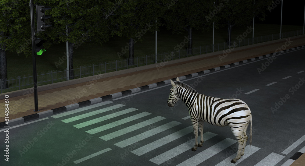 Wild animal zebra crosses the road at the crosswalk in the night city observing the Traffic Laws.  Creative conceptual illustration. 3D rendering. - obrazy, fototapety, plakaty 