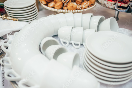 white plates and cups