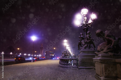 Alexander 3 bridge, Paris under snow at night