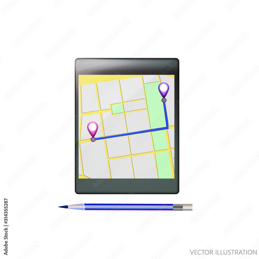 Mobile GPS navigation. Phone map application and points on screen. App search map navigation. Isolated online maps on screen tablet. Vector Illustration. Mobile GPS navigation. Phone map application and points on screen. App search map navigation. Isolated online maps on screen tablet. Vector Illustration.