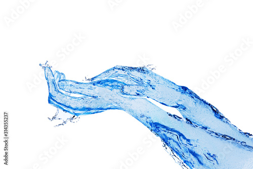 Touching hands made of liquid blue water on white