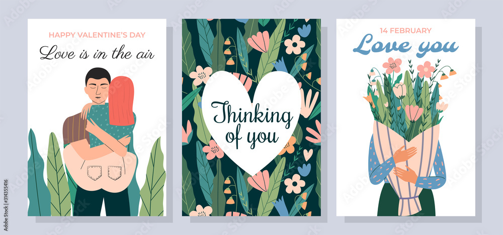 Fototapeta premium Set of cute romantic postcards. Hugging couple, seamless floral pattern with heart, woman with flowers. Concepts for Valentine's day. love story, romance, relationship. Flat vector illustration