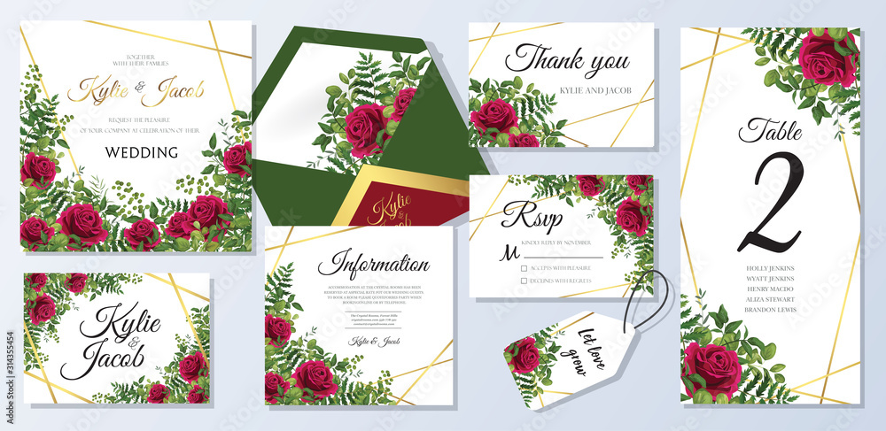 Wedding invite, menu, rsvp, information, thank you, label, save the date card, table number, envelope. Floral design with green and gold watercolor leaves, red rose decorative frame print. Vector cute