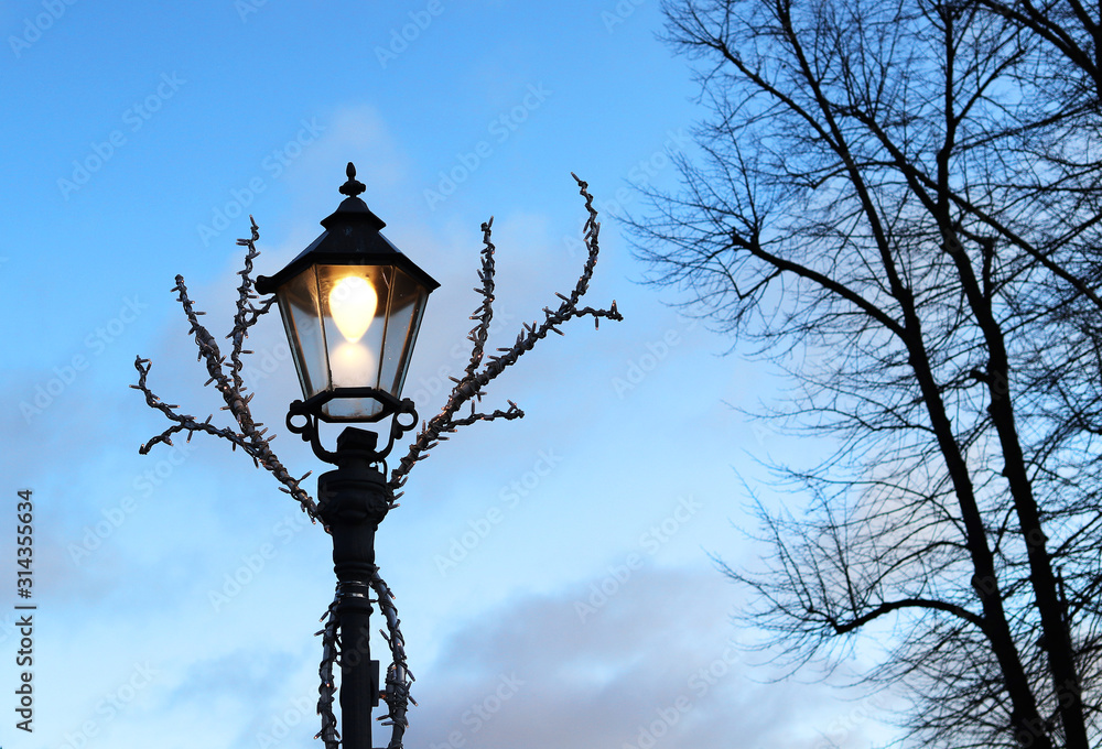 Street electric lantern on the background of the evening sky Street electric lantern on the background of the evening sky