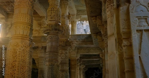 Interior of beautiful Ranakpur Jain temple or Chaturmukha Dharana Vihara mandir in Ranakpur, Rajasthan. India photo