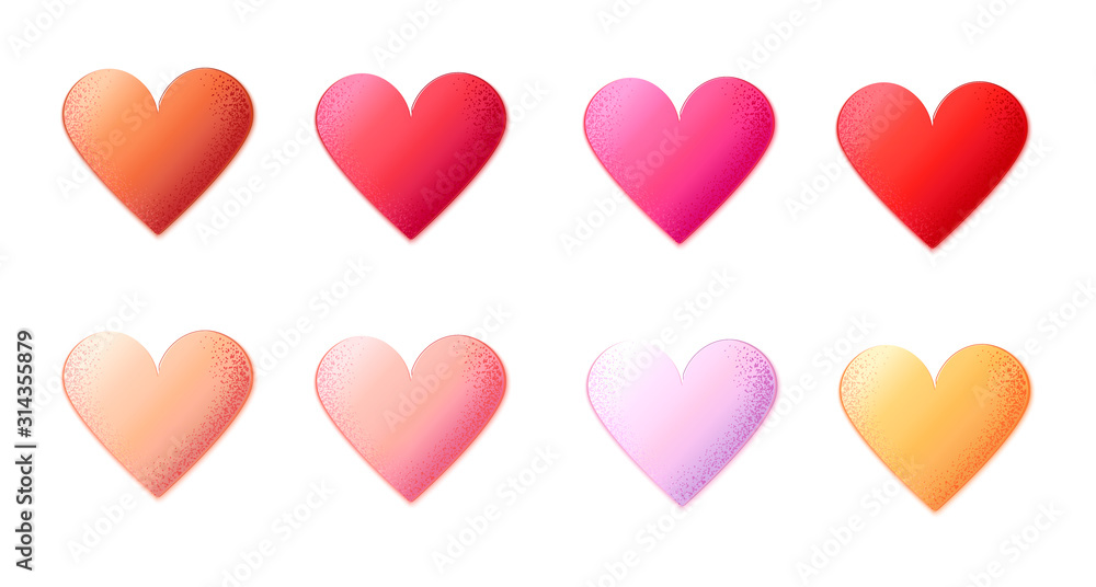 Multicolored set of romantic hearts 3d. Gold, pink, red, purple, orange, pink and purple hearts. Volumetric sign of heart. Happy Valentine's Day. Vector stock illustration. For postcards.