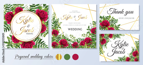 Wedding Invitation, thank you, rsvp card. Floral design with green and gold watercolor leaves, red rose decorative frame print. Vector elegants cute rustic greeting, invite.