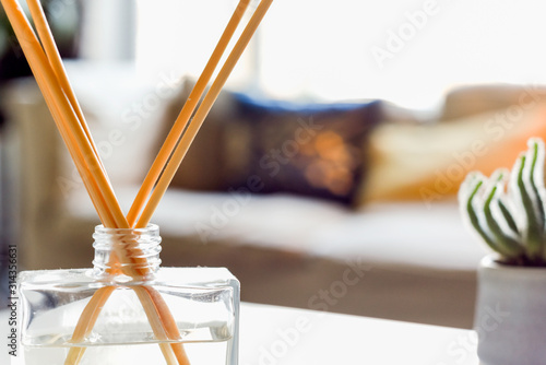 Reed diffuser to fragrance home interior on the coffee table of a light modern home living room