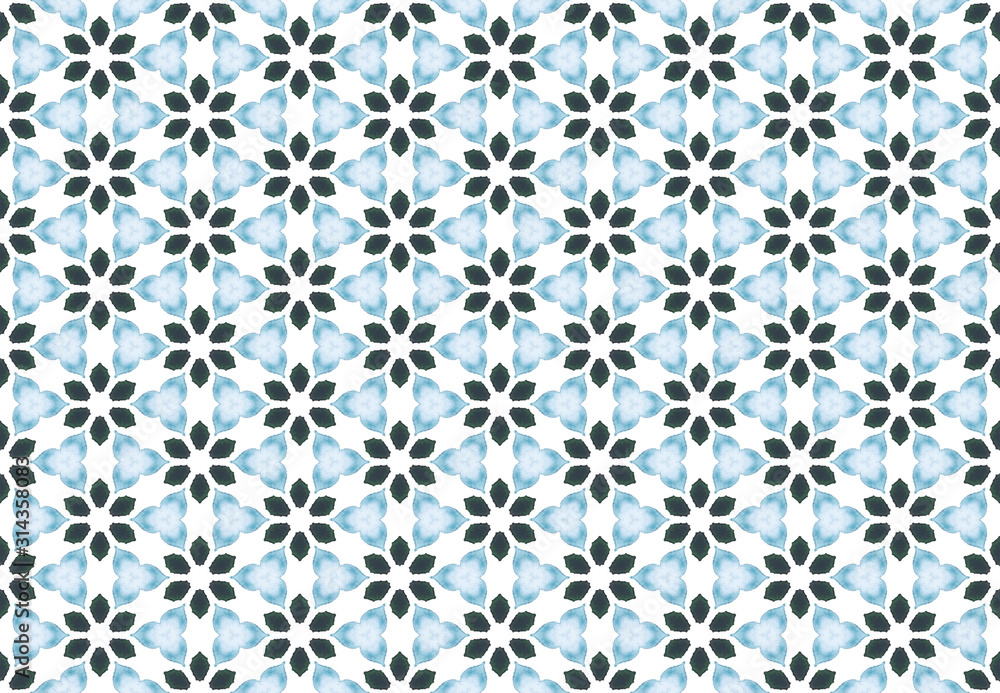 Watercolor seamless geometric pattern design illustration. Background texture. In blue, white colors.