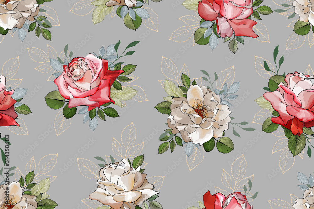 Seamless floral pattern with flowers white and red rose and green leaves on gray background. Hand drawn. For textile, wallpapers, print, greeting. Watercolor style. Vector stock illustration.