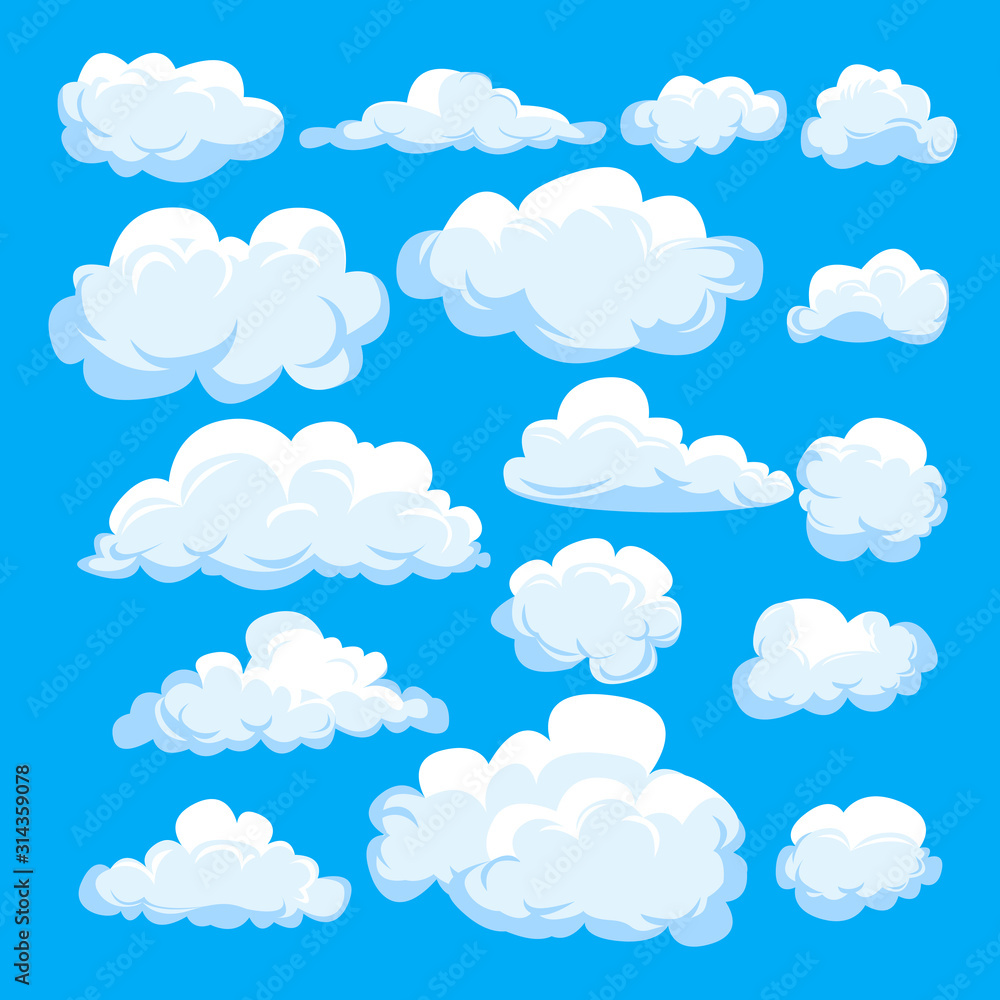 Set of different cartoon clouds isolated on blue sky. Weather symbolic graphics for illustration, web design, poster, site, app. Set of different cartoon clouds isolated on blue sky. Weather symbolic graphics for illustration, web design, poster, site, app.