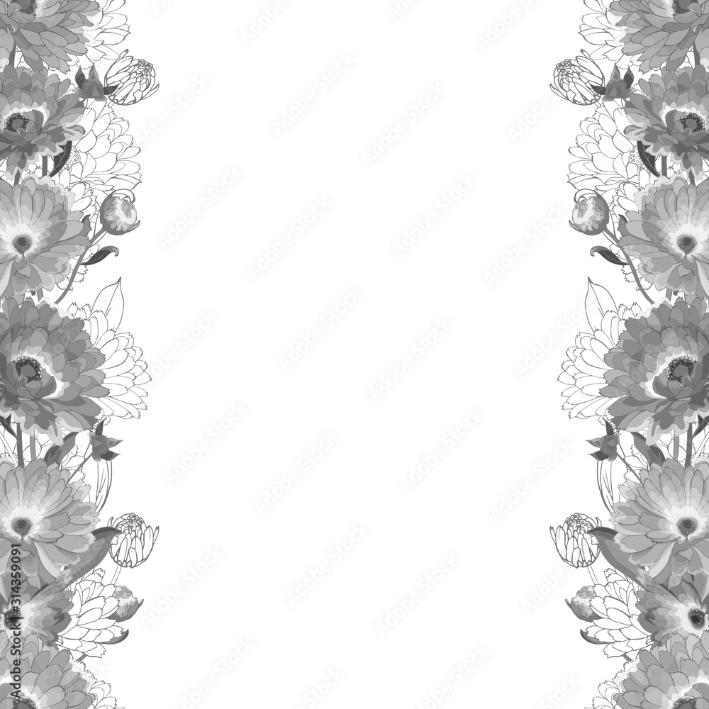 Floral frame of monochrome calendula and leaves on white background.Copy space.Hand drawn. For design cosmetic products, greeting cards, wedding invitations.Vector stock illustration Floral frame of monochrome calendula and leaves on white background.Copy space.Hand drawn. For design cosmetic products, greeting cards, wedding invitations.Vector stock illustration