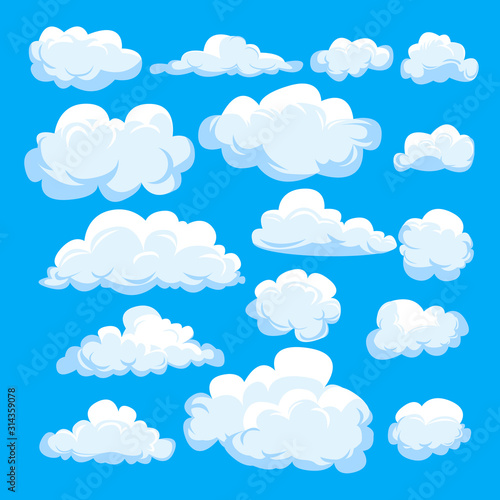 Set of different cartoon clouds isolated on blue sky. Weather symbolic graphics for illustration, web design, poster, site, app.