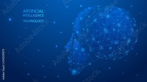 Artificial intelligence. A polygonal humanoid face with a neural network in its head. Technological processes and functionality of cyborg. Processing and analysis of information data.