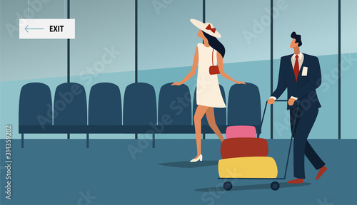 People in the airport duty free zone, rest before boarding on the plane. Vector illustration in a flat style