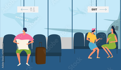 People in the airport duty free zone, rest before boarding on the plane. Vector illustration in a flat style