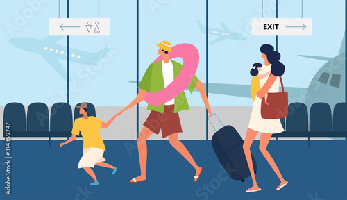People in the airport duty free zone, rest before boarding on the plane. Family travel. Father mother and son at the airport. Vector illustration in a flat style