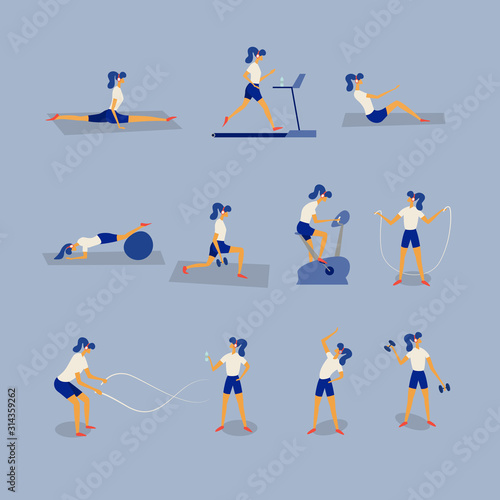 Women workout fitness, aerobic and exercises. Lunges and squats, plank and abc. Flat Vector Illustration