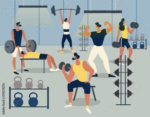 Training in the gym with barbells and dumbbells, Men exercise with different barbell sets. Fitness and lifting weights. Healthy lifestyle. Flat Vector Illustration