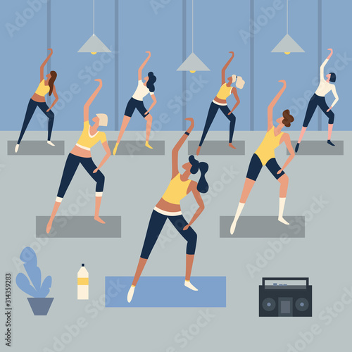 Women fitness training lesson, training with steps aerobic exercises. Sports people, health and jumping, vector illustration
