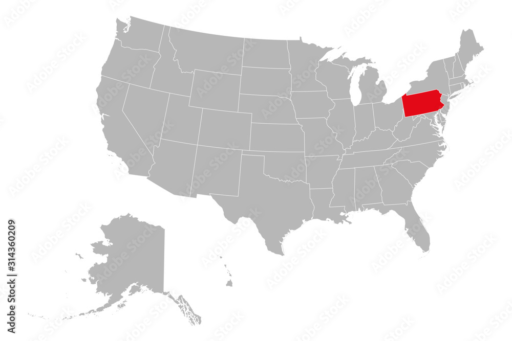 Map of Pennsylvania, USA political map vector illustration. Gray background.