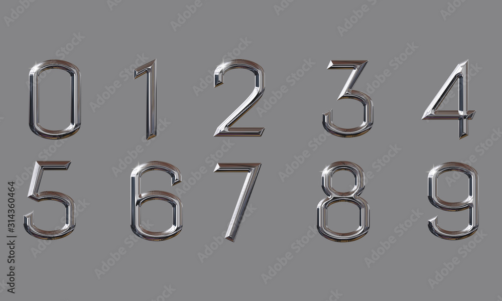 Set of 3D numbers with glossy metal texture (chrome, steel, silver) on gray background Set of 3D numbers with glossy metal texture (chrome, steel, silver) on gray background