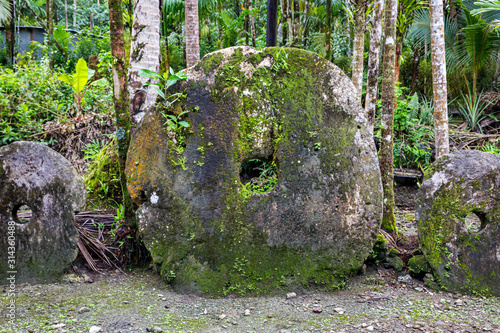 Quadro su tela Three giant prehistoric megalithic stone coins or money Rai, under trees overgrown in jungle