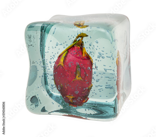 Dragon fruit frozen in ice cube  3D rendering