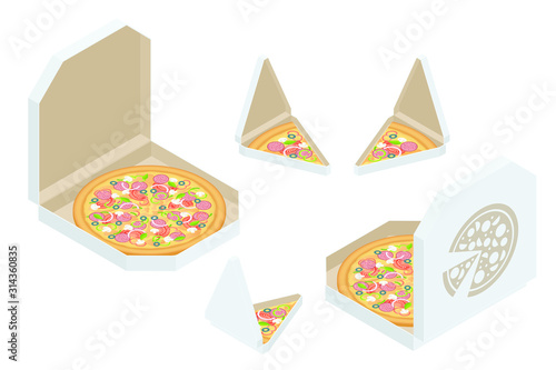 Isometric Pizza Triangle Box Slice. Slice of fresh Italian classic Pizza isolated on white background. Hot Tasty Pizza, used for design and branding.