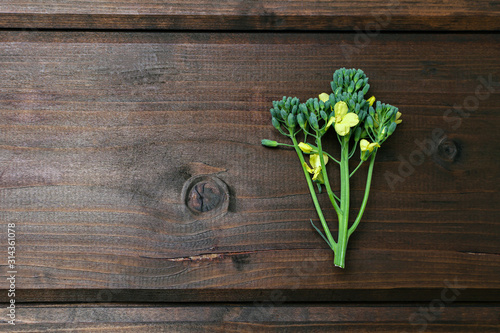 ugly broccoli inflorescence with yellow flowers on a dark wooden background with place for text.