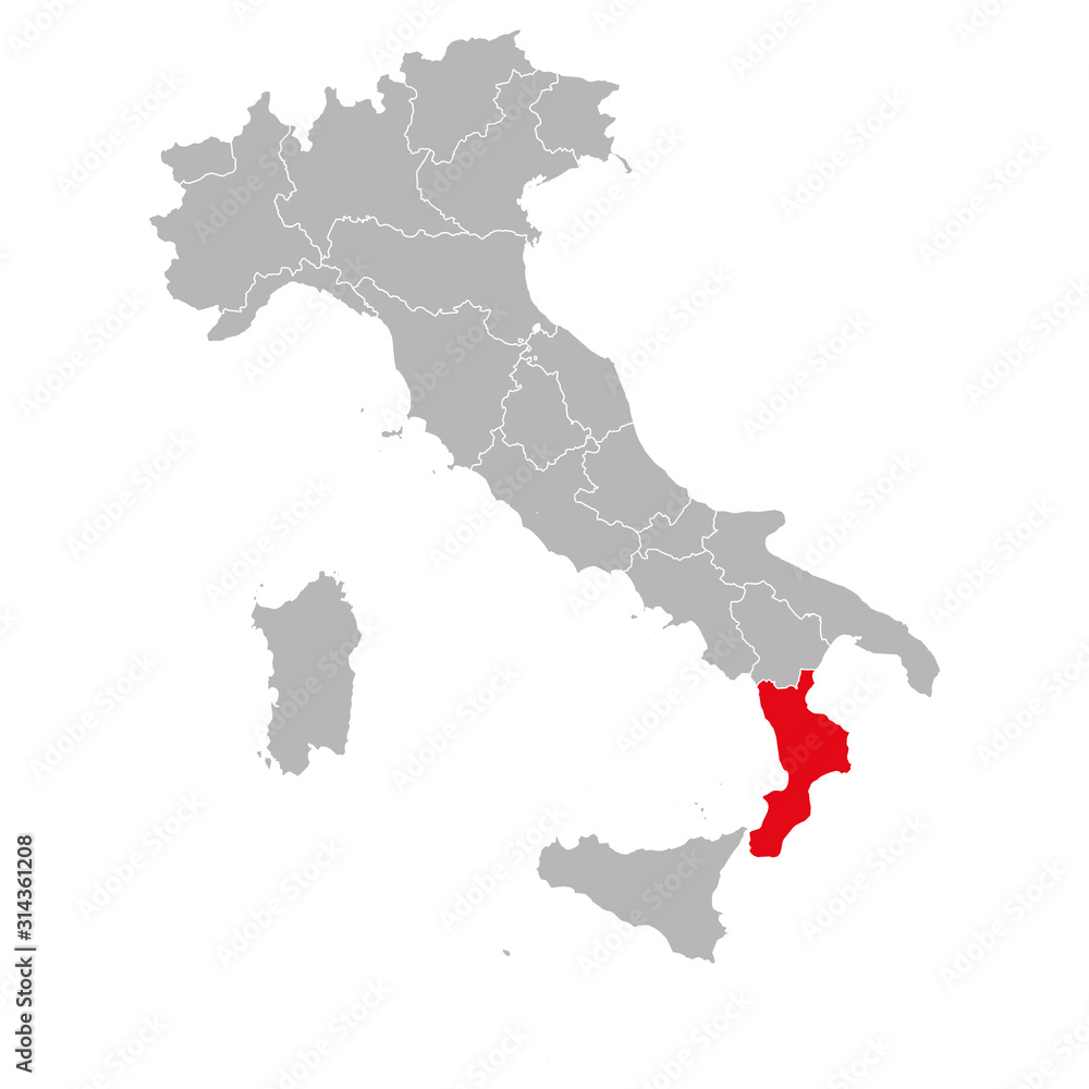 Calabria highlighted on italy map. Gray background. Italian political map.