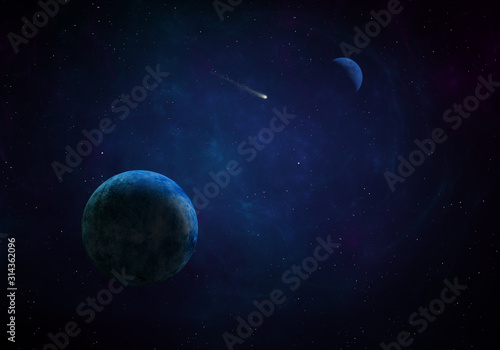 3d rendered Space Art: Alien Planet in outer space. Imaginary view of a blue planet in a star field © britaseifert
