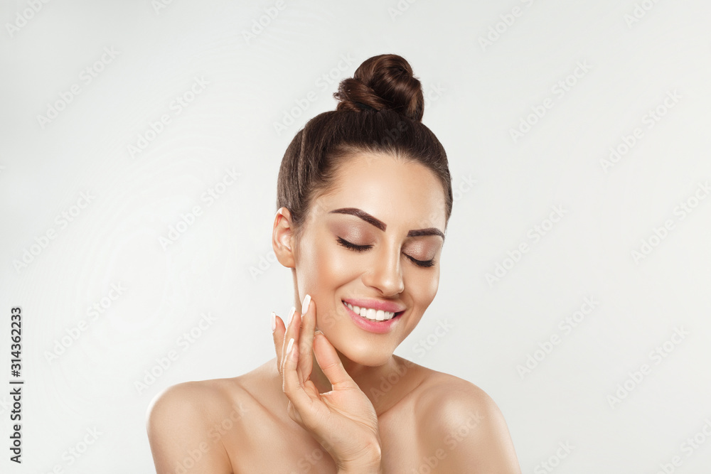Portrait of woman with beauty face and perfect skin on white background. Skin care. Cosmetology, beauty and spa. Portrait of woman with beauty face and perfect skin on white background. Skin care. Cosmetology, beauty and spa.