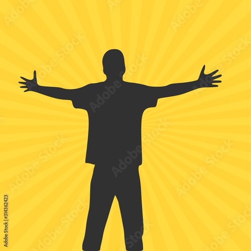 Men with wide open hands with palm extended silhouette. Stock Vector illustration isolated on yellow background.